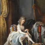 Lady putting on her stockings, ca. 1780