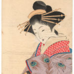 Japanese woman in peacock feather print kimono, 1911